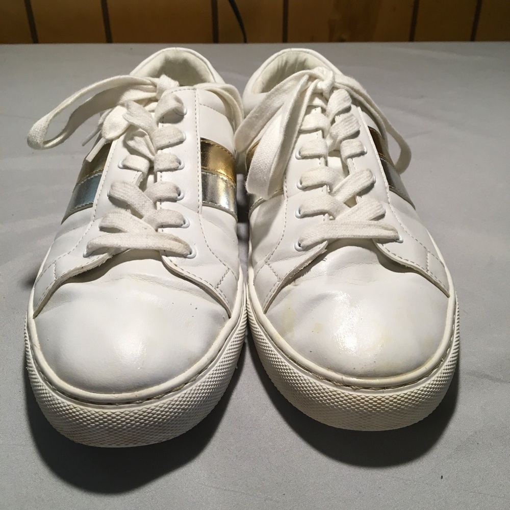 J Crew womens sneakers white w/ silver and gold stripes Size 9.5 - Picture 3 of 8